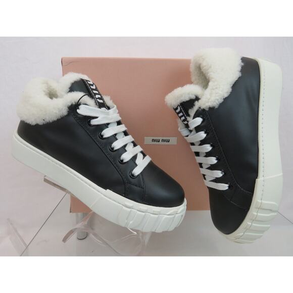 MIU MIU PRADA 5T380D BLACK LEATHER NATURAL WHITE FUR LOGO PLATFORM SNEAKERS 41 - Picture 8 of 13
